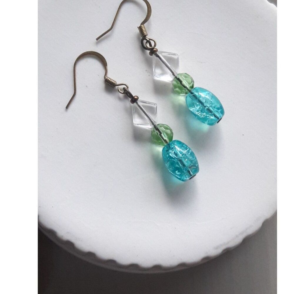 Blue Glass Antique.Bronze Hooks Hidden Meaning earrings Glitchy Glam, Cool  352■